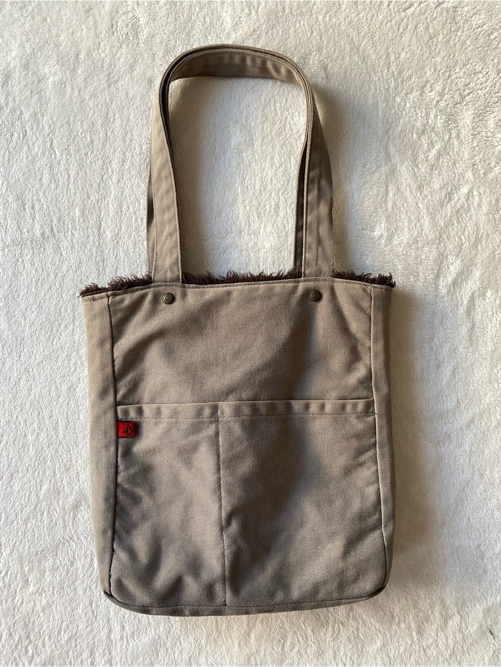 Vintage Volcom Reversible Shoulder Bag Gray Canvas Brown Faux Fur Purse Y2K
